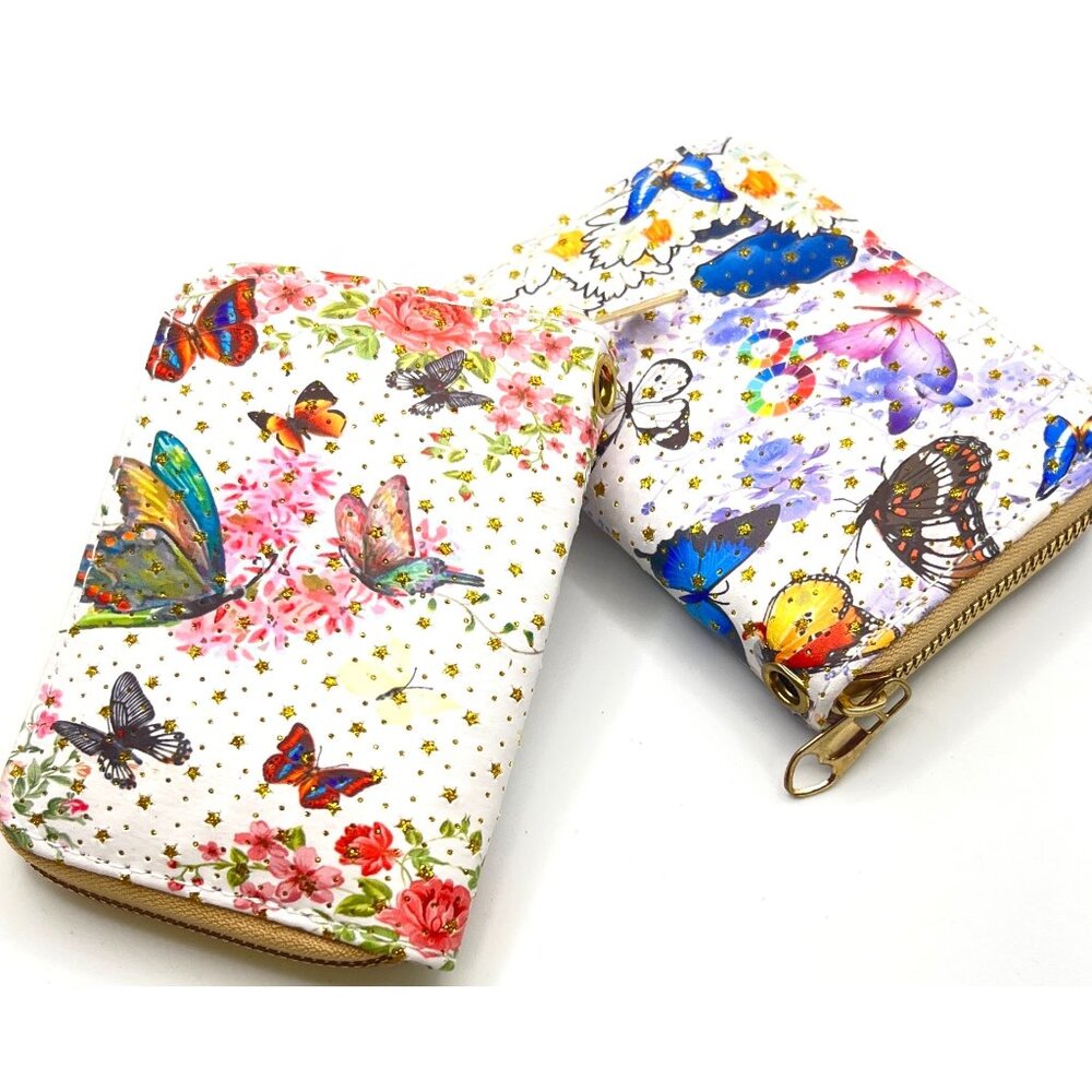 Butterfly & Floral Print Zippered Wallets With Pink Wrist Strap - Set Of 2
